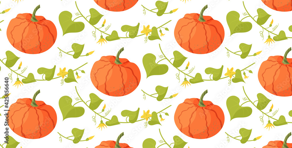 Seamless pattern of pumpkin and green leaves with flowers, vector illustration in cartoon style