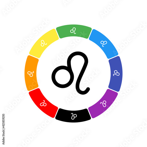 A large black zodiac leo symbol in the center, surrounded by eight white symbols on a colored background. Background of seven rainbow colors and black. Vector illustration on white background
