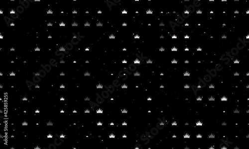 Seamless background pattern of evenly spaced white crown symbols of different sizes and opacity. Vector illustration on black background with stars