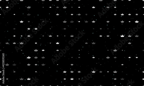 Seamless background pattern of evenly spaced white paper boat symbols of different sizes and opacity. Vector illustration on black background with stars