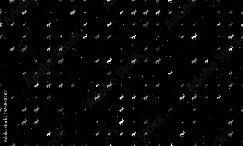 Seamless background pattern of evenly spaced white hare symbols of different sizes and opacity. Vector illustration on black background with stars