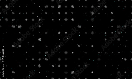 Seamless background pattern of evenly spaced white spider web symbols of different sizes and opacity. Vector illustration on black background with stars