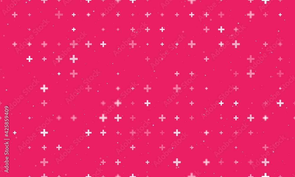 Seamless background pattern of evenly spaced white plus symbols of different sizes and opacity. Vector illustration on pink background with stars Seamless background pattern of evenly spaced white plus symbols of different sizes and opacity. Vector illustration on pink background with stars