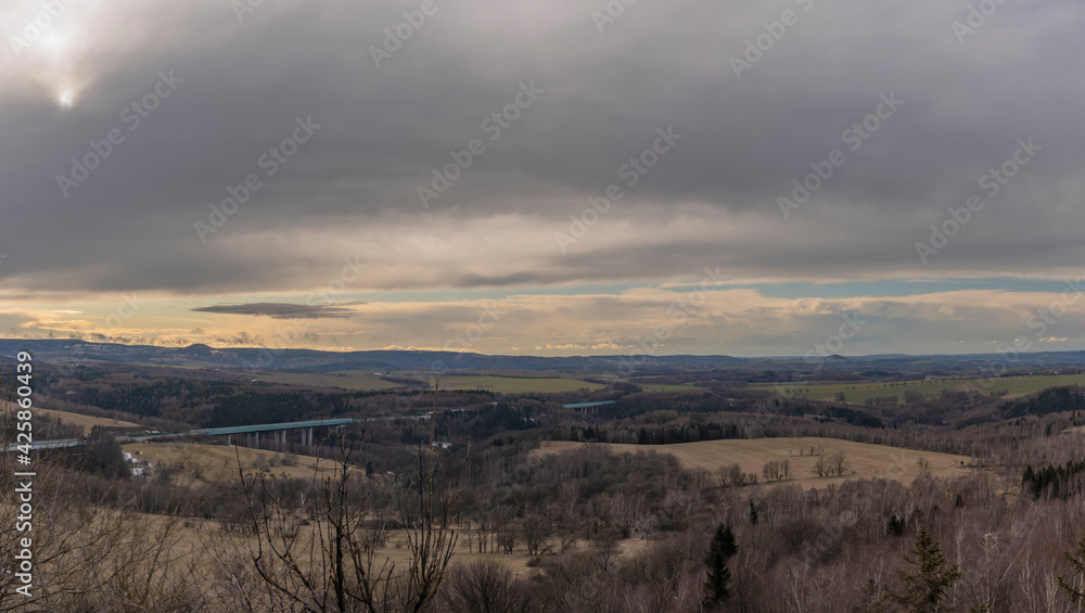 Fototapeta premium View from Spicak hill with crucifix in Krusne mountains in north Bohemia