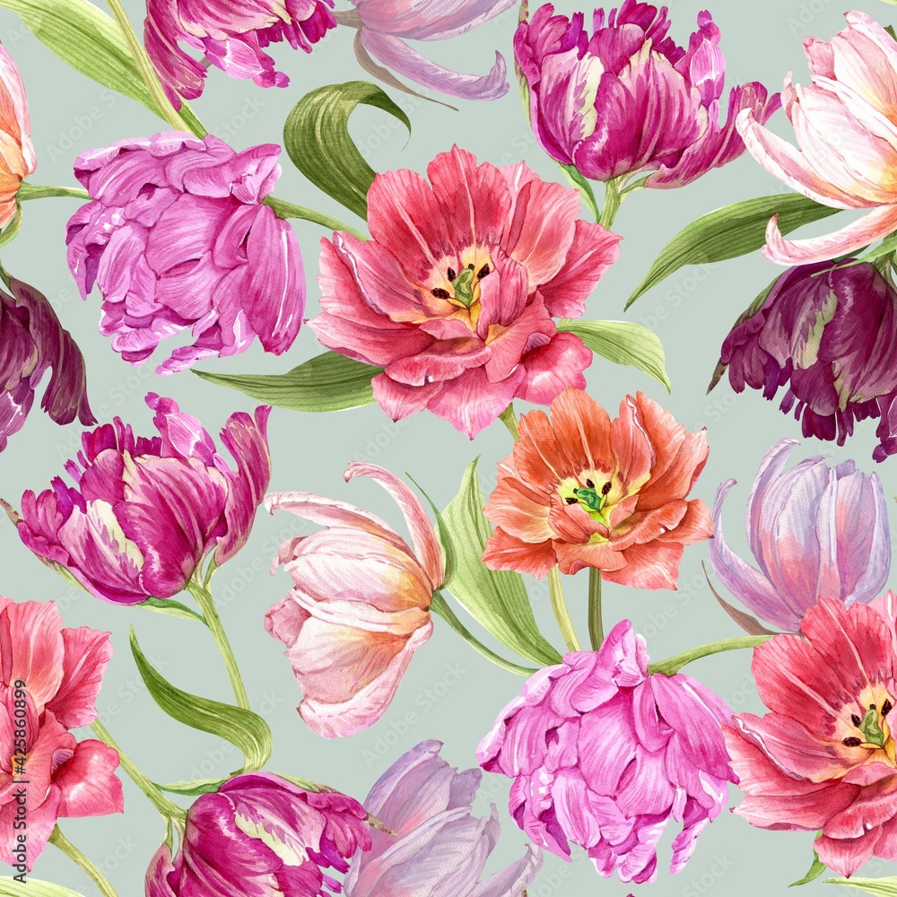 Naklejka wzór z kwiatami, wielobarwne tulipany na tle mięty. ilustracja akwarela ręcznie malowana