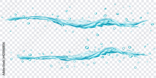 Translucent water jets with drops in light blue colors, isolated on transparent background. Transparency only in vector file