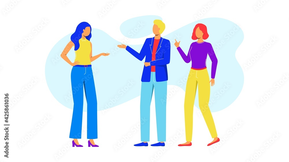 Group of office workers talking. Professional communication. Colleagues talking isolated on blue background. Vector colorful illustration. Group of office workers talking. Professional communication. Colleagues talking isolated on blue background. Vector colorful illustration.