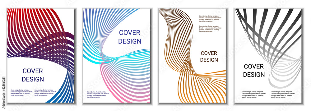 A set of 4 abstract covers. Wavy parallel gradient lines, ribbons evolve. Cover design, background. Trendy banner, poster.