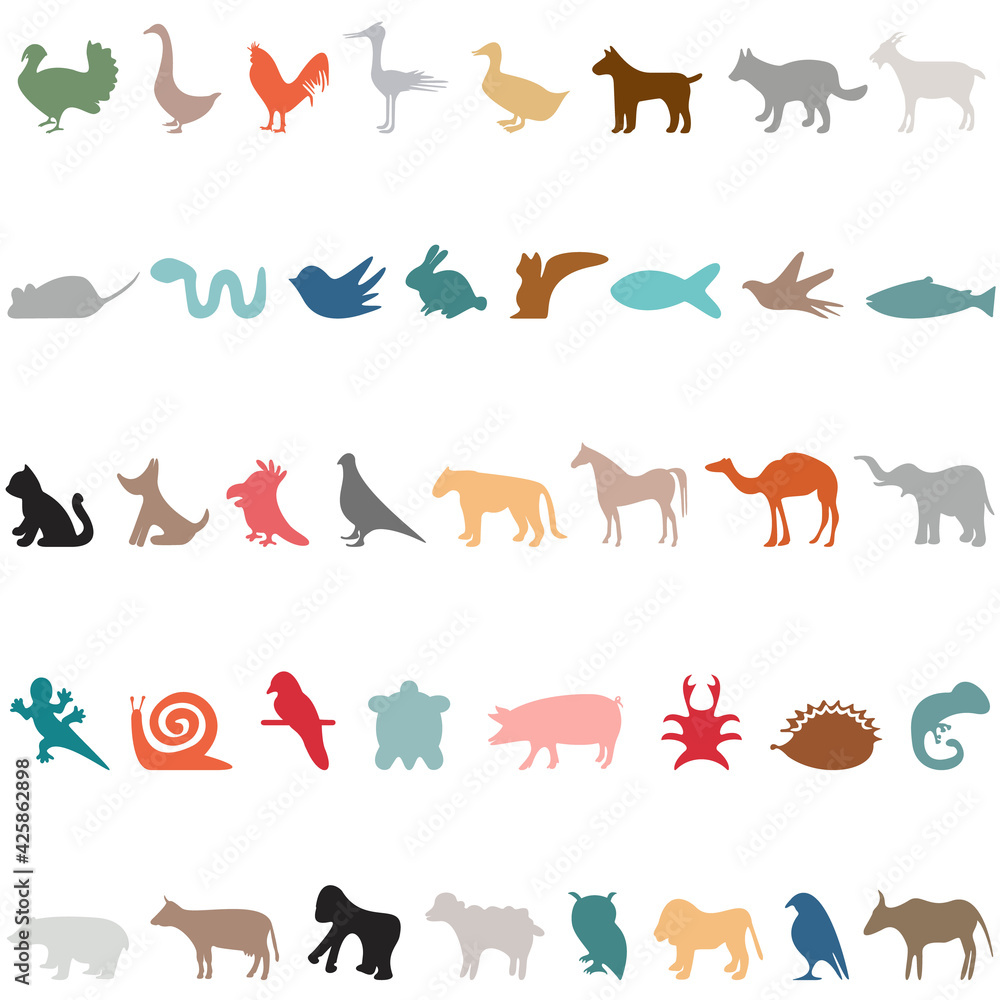 animal icons set in color on a white background