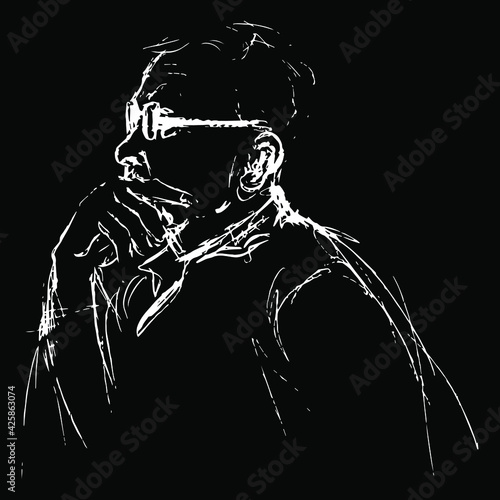 Seated old man wearing glasses. Aged person. Male portrait. Hand drawn doodle rough sketch. Linear white silhouette on black background.