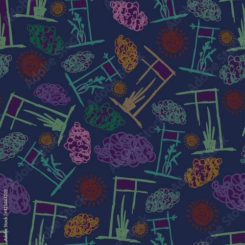 Seamless vector colorful pattern lined sketch of abstract plants, clouds and suns
