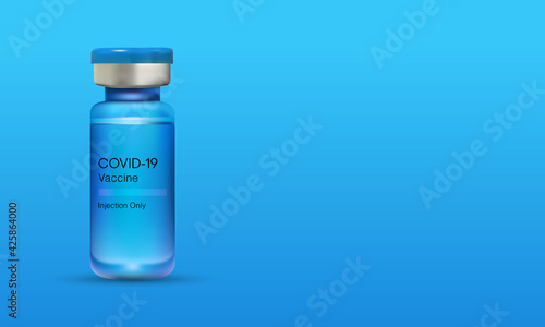 Vector illustration of Covid-19 vaccine bottle isolated on light blue background. Coronavirus vaccine.