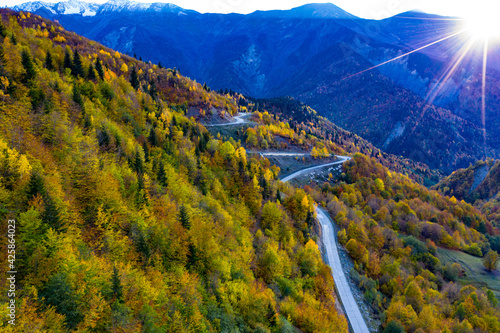 Winding road in the mountains, autumn forest view from a drone © Dmitrii