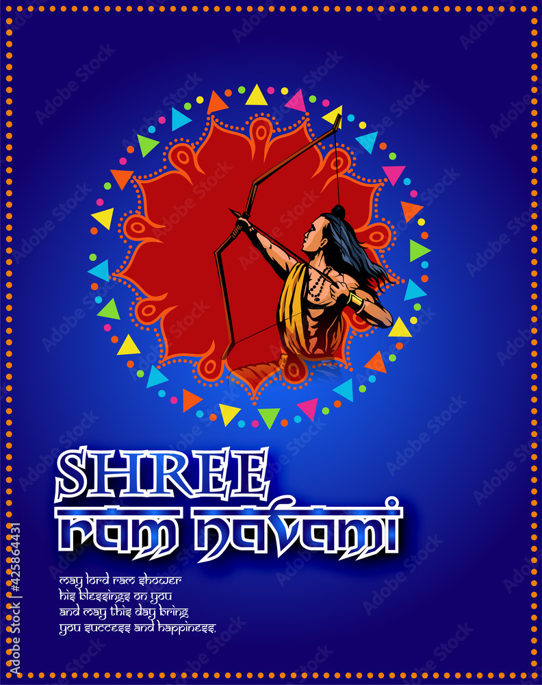 Shree Ram Navami celebration background for religious holiday of India grungy texture decorative illustration of Lord Rama with bow arrow with hindi text meaning shree ram navami