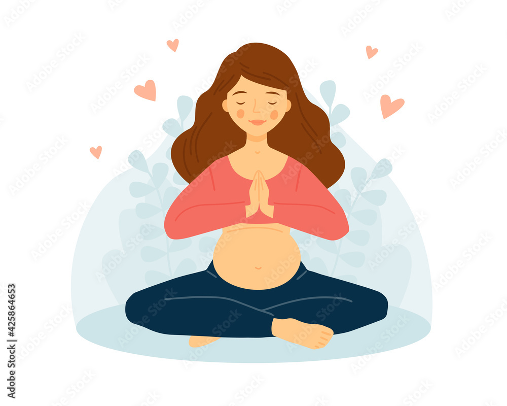 Pregnant woman practices yoga. The girl is meditating. Namaste.