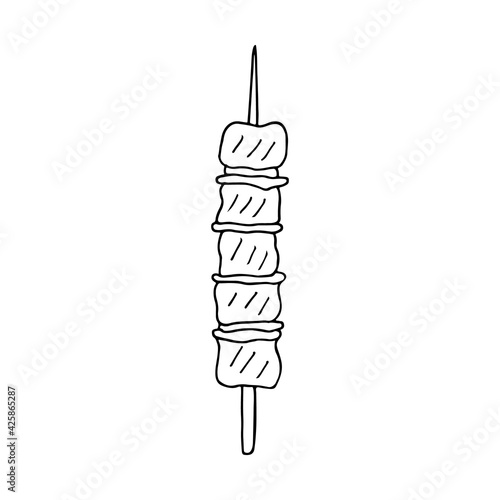 Doodle barbecue in skewer illustration in vector. Hand drawn barbecue in skewer icon in vector. Doodle kebab illustration in vector.