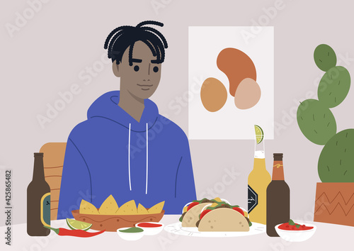A young male Black character having dinner in a Mexican restaurant with traditional food