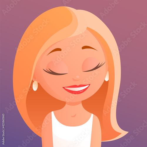 Young pretty girl with a happy smile on her face. Dreams with closed eyes. Vector cartoon illustration