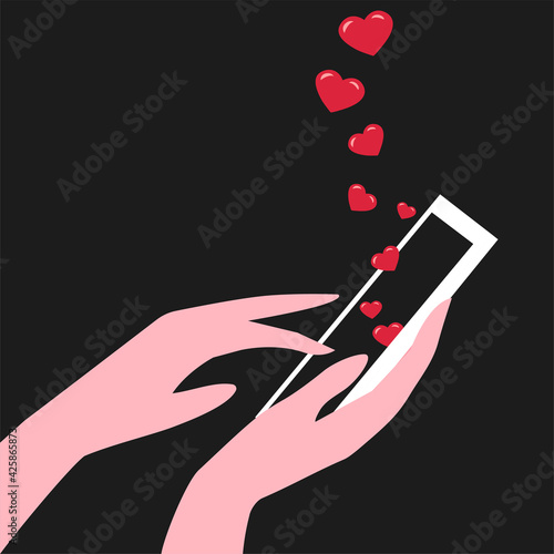 Female hands with a smartphone and likes in social networks. Hearts fly out of the phone screen. Vector illustration on black background