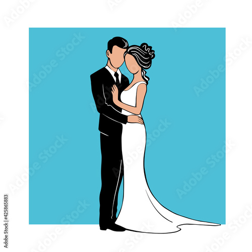 Silhouette of the bride and groom. Beautiful newlywed couple stand together in an embrace. Template for decorating wedding cards and invitations. Vector illustration hand draw