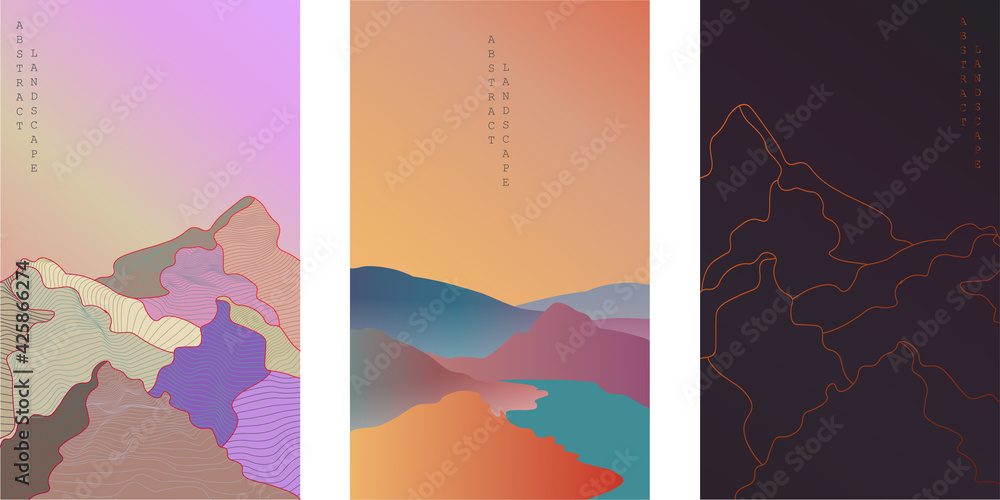 Set of creative abstract mountain landscape backgrounds. Mid century modern vector illustrations with mountains or desert dunes sky, sun or moon.Trendy contemporary design.Vector illustration