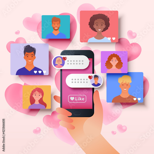Online dating via mobile app platform, user looking at people profile images searching for love via smartphone. Vector flat illustration.