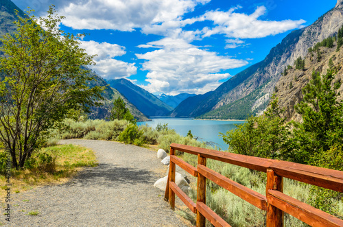 Beautiful landscape of valley in Alpine mountains, small trail, hike root, majestic picturesque view in sunny day. Lillooet Setaon Lake. Vancouver. British Columbia. Canada.