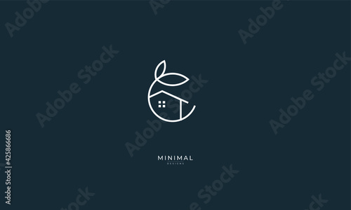 A line art icon logo of a house/home with a leaf circle