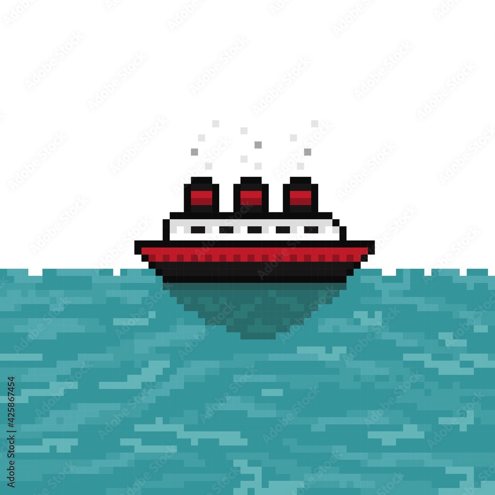 Obraz premium Boat pixel art. Ship pixel art. Vector illustration.