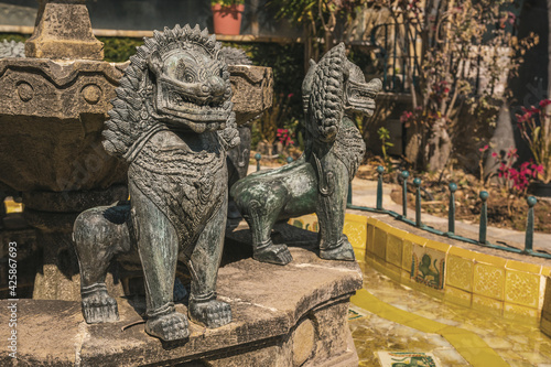 Mexico, Valle de Bravo March 26, 2021, view of a fountain with sculptures of Chinese dragons found in the "Casa De Oración Carmel Maranatha"