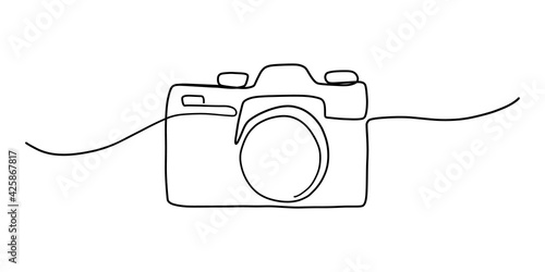 Camera single linear drawing. One line photography tool, minimal logo icon, fine line tattoo. Vector art illustration