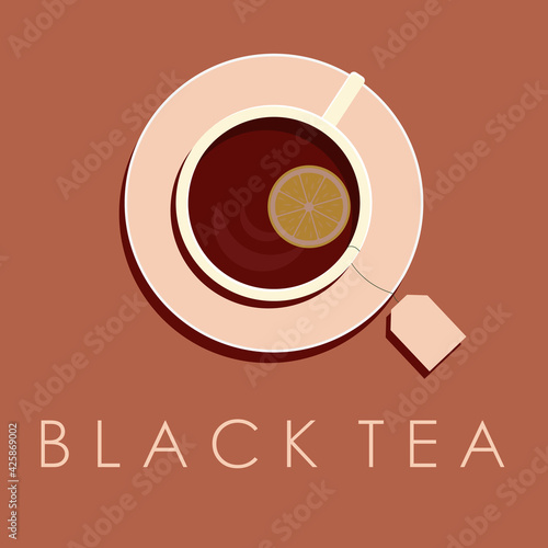 Black tea with lemon logo in a flat style with an inscription. A cup of tea on a saucer. Vector illustration on black tea color background