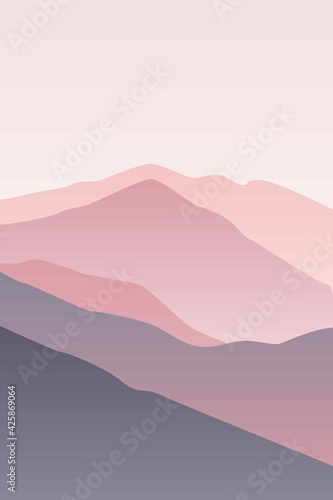 Landscape with waves. Pastel pink sun set sky. Purple  pink and gray mountains silhouette. Sandy foggy desert dunes. Nature and ecology. Vertical orientation. For social media  post cards and posters