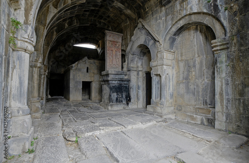 Arches, niches, and a khachkar (khatchkar, or cross-stone) decorate a transept of the Cathedral of Surb Nishan at Haghpat Monastery, Armenia.