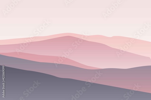 Landscape with waves. Pastel pink sun set sky. Purple, pink and gray mountains silhouette. Sandy foggy desert dunes. Nature and ecology. Horizonal orientation. For social media, post cards and posters