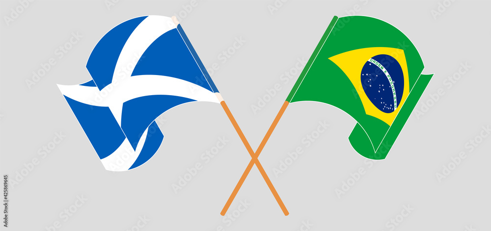 Crossed and waving flags of Brazil and Scotland Crossed and waving flags of Brazil and Scotland