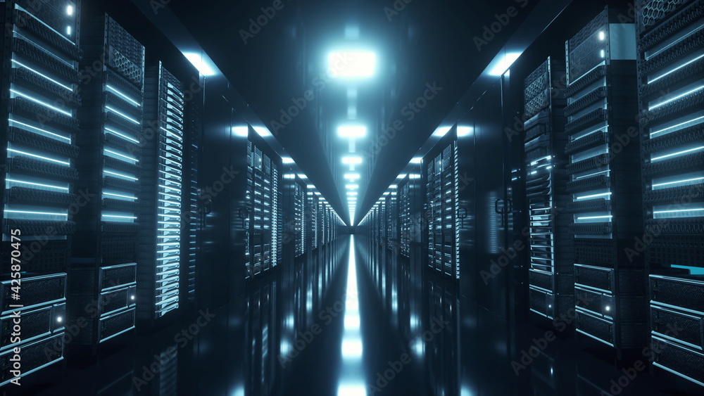 Network and data servers behind glass panels in a server room. 3d illustration - obrazy, fototapety, plakaty 