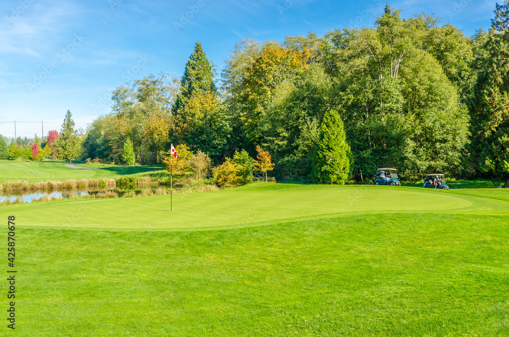 Golf course with gorgeous green and pond.