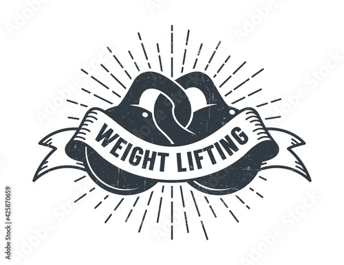 Athletic club vintage logo - two kettlebells and ribbon. Vector illustration. Worn texture on separate layer.