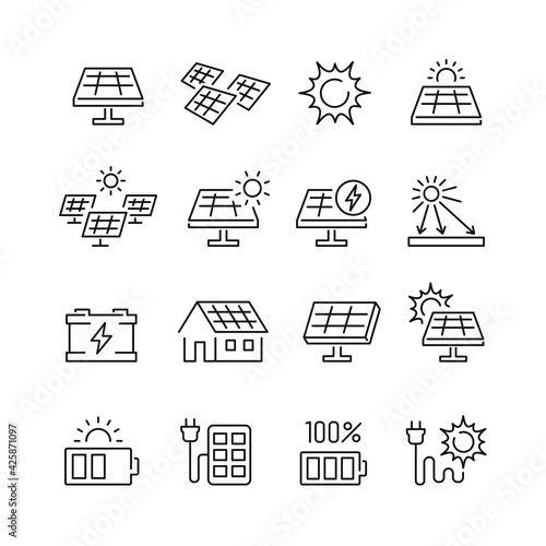 Solar panel related icons: thin vector icon set, black and white kit