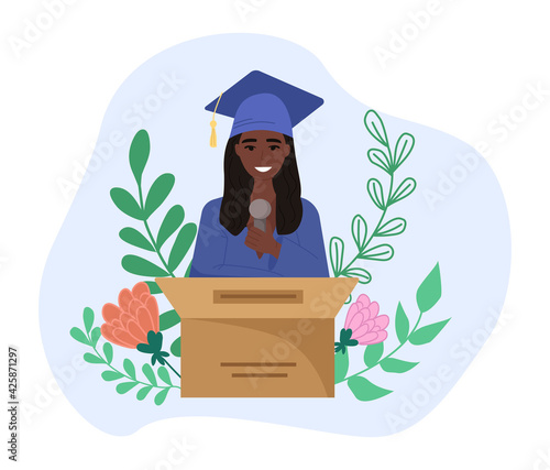 Happy smiling student giving graduation speech, standing on stage at podium. Cartoon cute vector flat Illustration