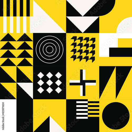 Colored neo geo background. Mid-century modern geometric seamless pattern with bold simple shapes in Bauhaus and Neo-memphis retrofuturistic style. Trendy vivid fashion print. Neo memphis style. EPS10