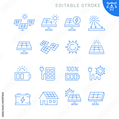Solar panel related icons. Editable stroke. Thin vector icon set photo