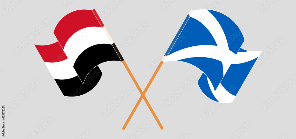 Crossed and waving flags of Yemen and Scotland Crossed and waving flags of Yemen and Scotland