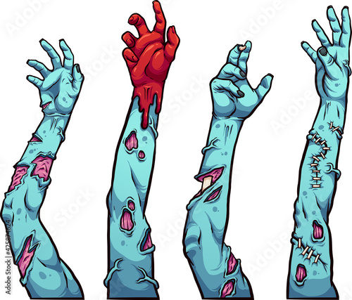 Zombie arms in different poses reaching up. Cartoon vector clip art illustration with simple gradients, each on a separate layer. 
