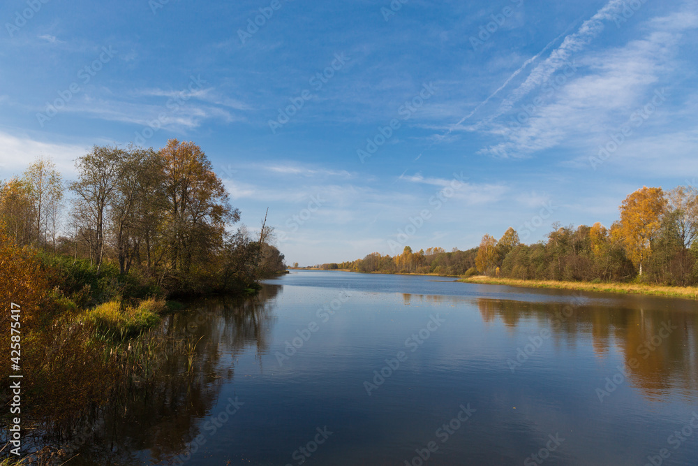 Autumn nature in the countryside. Yellowed forest and river