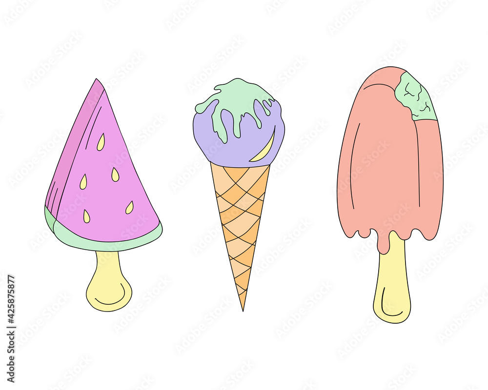 Ice cream set in doodle style: watermelon, popsicle and horn. Vector illustration with splash for prints, textile, stickers, posters, postcards, menu design, cafe interior. Ice cream set in doodle style: watermelon, popsicle and horn. Vector illustration with splash for prints, textile, stickers, posters, postcards, menu design, cafe interior.
