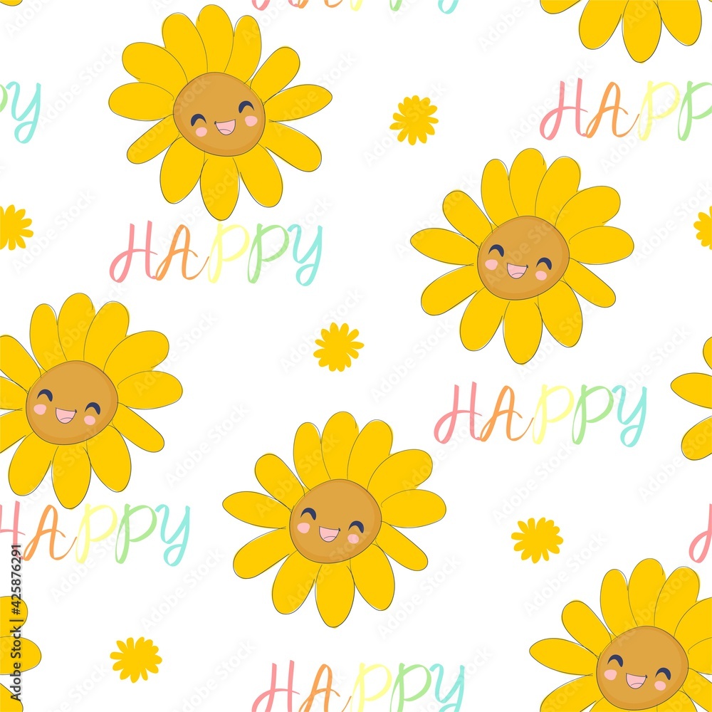 Happy Sunflower and the phrase happy Hand sketched seamless pattern cute flowers vector illustration print design for textiles, clothing and fabric Happy Sunflower and the phrase happy Hand sketched seamless pattern cute flowers vector illustration print design for textiles, clothing and fabric
