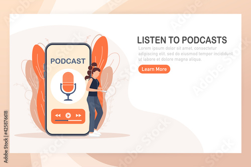 Live webcast in flat style with people. Listen to podcast. Flat illustration. Vector illustration.