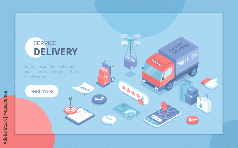 Delivery Service. Express delivery, Online tracking shipping order. Delivery truck, drone, mobile app, parcels. Isometric vector illustration for banner, website. Delivery Service. Express delivery, Online tracking shipping order. Delivery truck, drone, mobile app, parcels. Isometric vector illustration for banner, website.